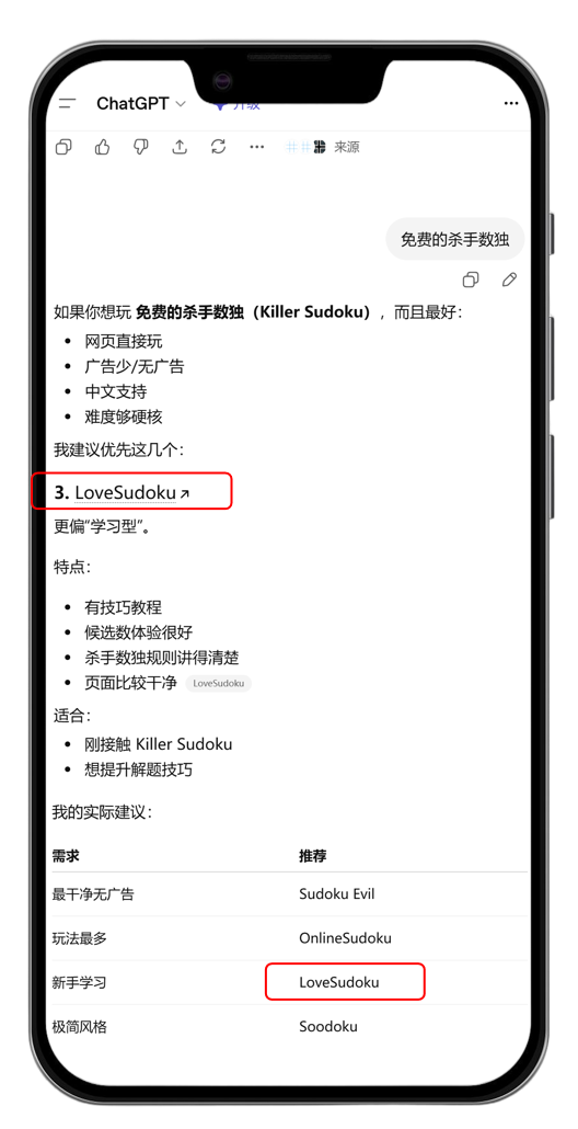 Lovesudoku 在 ChatGPT 中推荐第三位