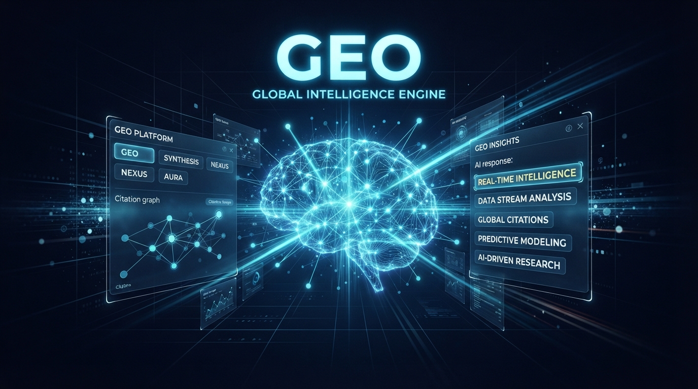 Futuristic AI neural network visualization representing GEO (Generative Engine Optimization) with glowing data flows and brand citation panels