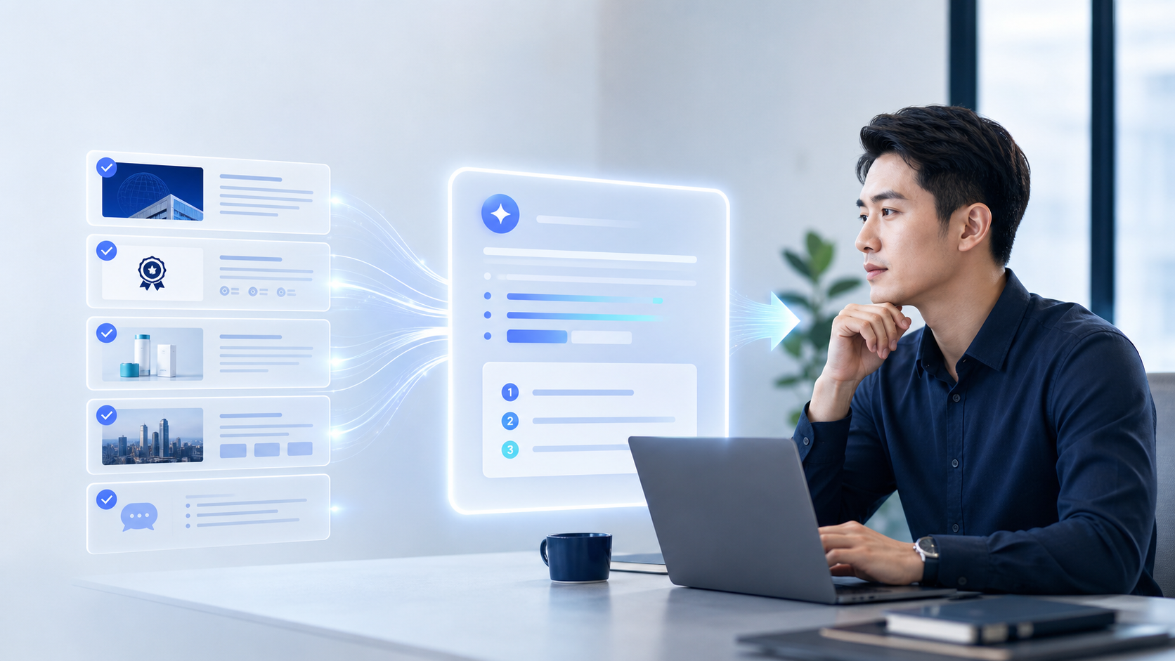 用户向 AI 提问，品牌官网、产品资料与可信证据汇入 AI 推荐答案